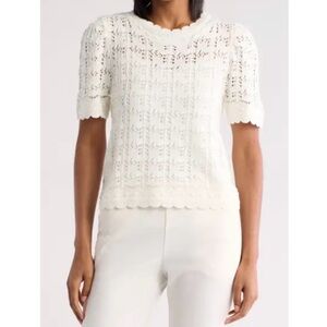 French Connection Ivory Scallop-Edge Knit Short Sleeve Top